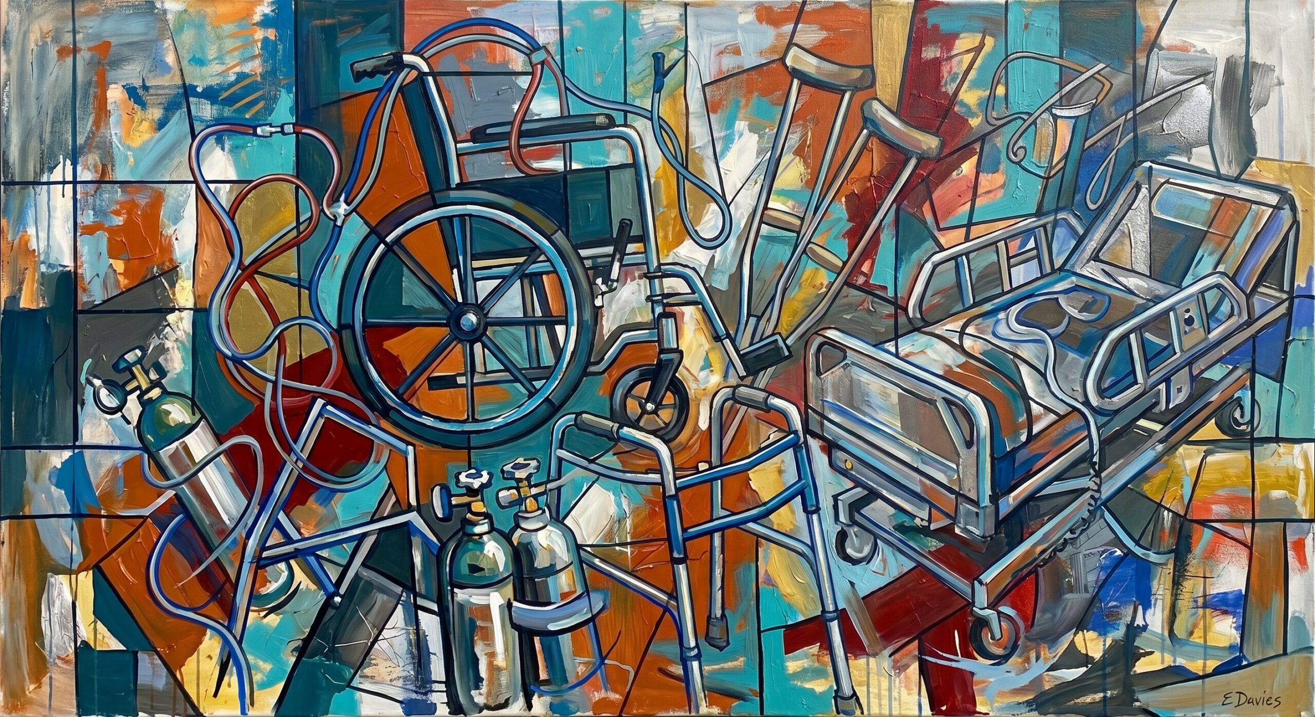 Abstract oil painting titled The Machine by Edwin Davies depicting wheelchairs, crutches, hospital beds, and oxygen tanks.