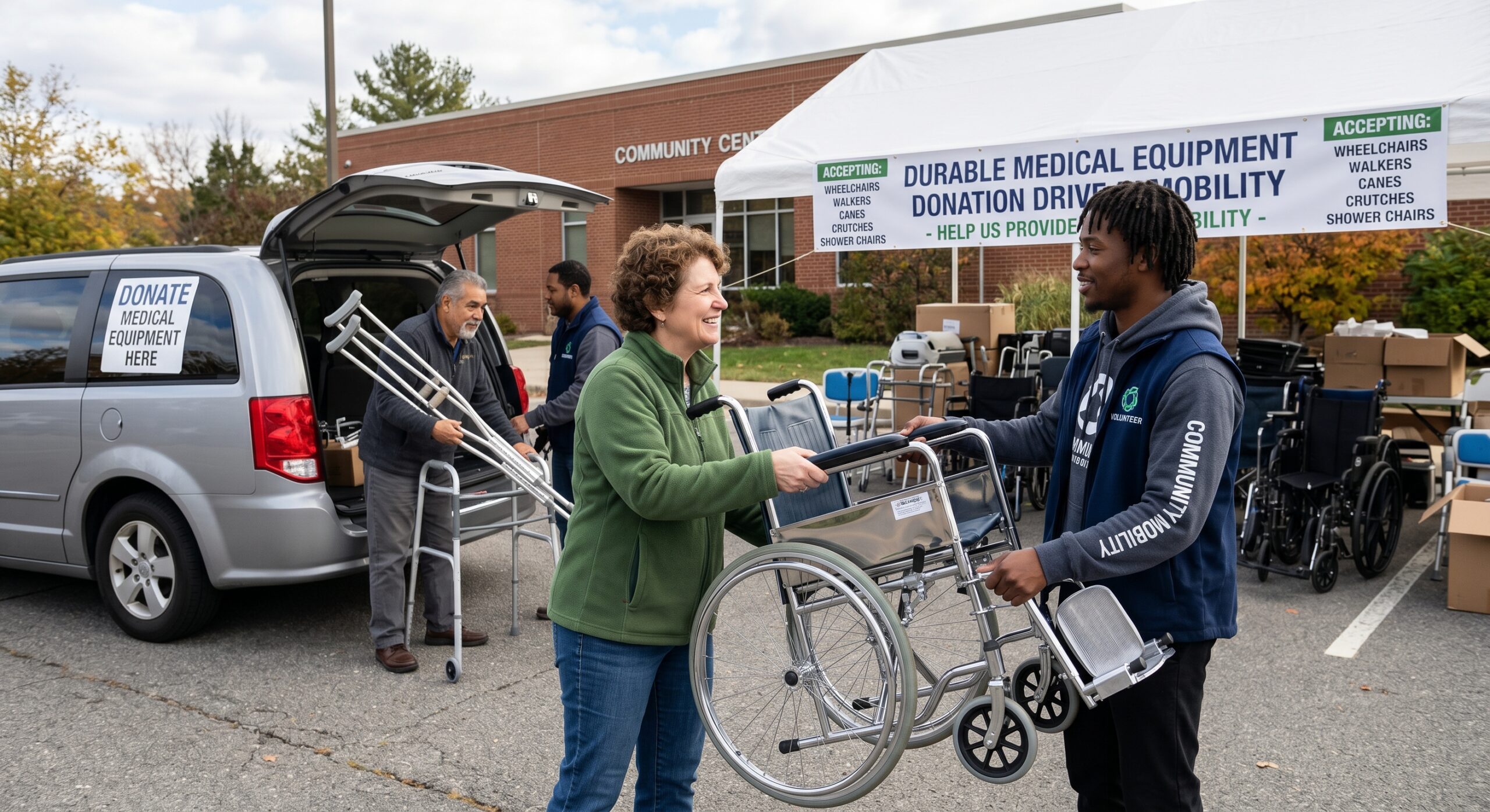 Photograph of durable medical equipment being donated at a community center including a wheelchair, walker, and crutches.