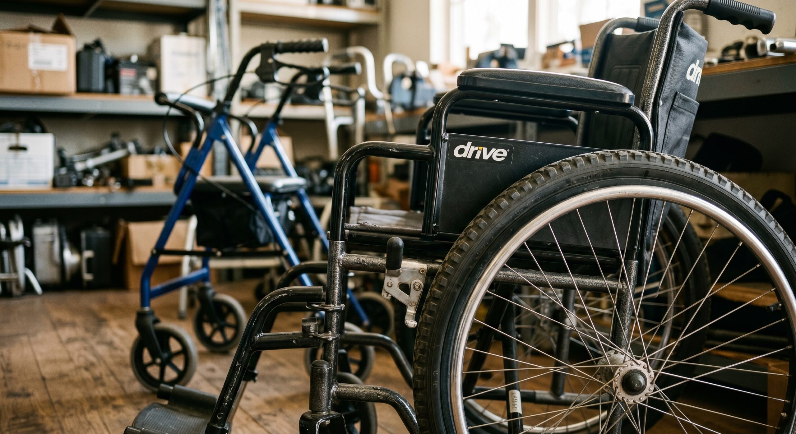 Photograph of an indoor storage area filled with Drive brand wheelchairs and walkers.