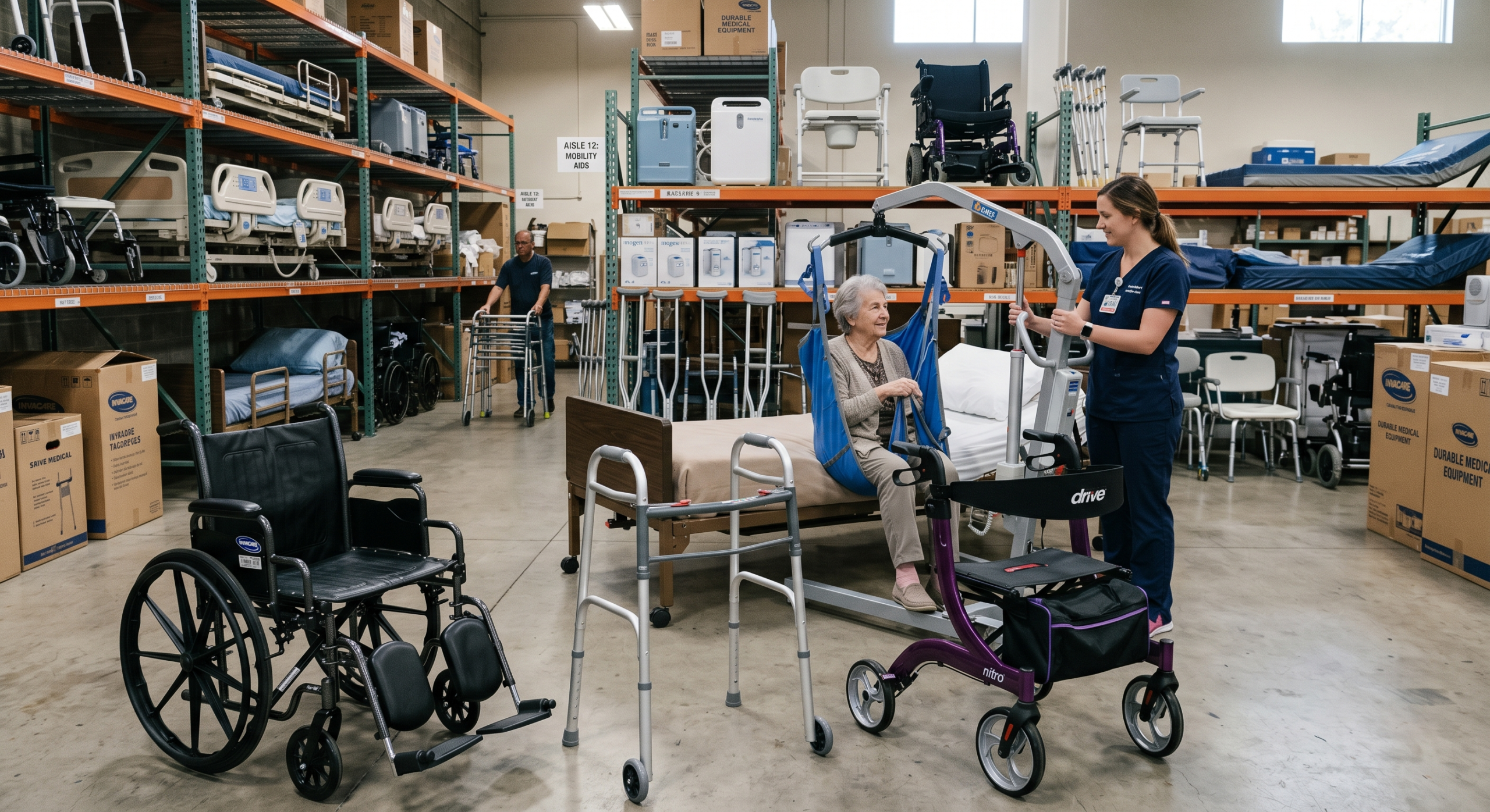 Photograph of a warehouse stocked with wheelchairs, hospital beds, and walkers for donation.